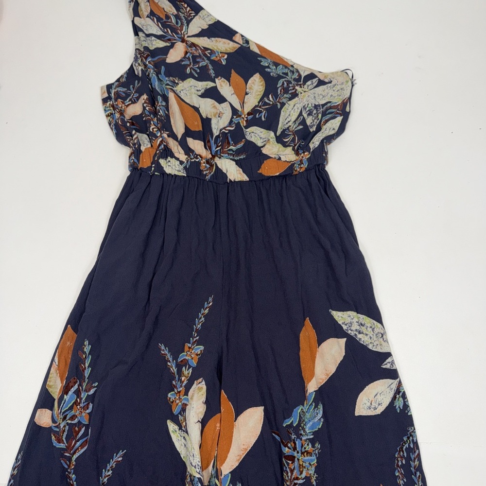 FREE PEOPLE Island Time One Shoulder Cropped Jumpsuit Sz S Blue Floral Wide Leg - Picture 4 of 10
